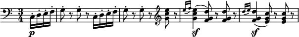  \relative c { \clef bass \key c \major \time 3/4 \set Staff.midiInstrument = #"french horn" \partial 4*1 c16-.\p d-. e-. f-. | g8-. r g-. r c,16-. d-. e-. f-. | g8-. r g-. r \clef treble \set Staff.midiInstrument = #"clarinet" <e'' c g> r | \grace { e16[( f]) } <e c g>4(\sf <d g, f>8) r <d g, f> r | \grace { d16([ e)] } <d g, f>4(\sf <c g e>8) r <c g e> r } 