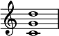 
{
\override Score.TimeSignature #'stencil = ##f
\relative c' { 
  \clef treble \time 4/4 <c g' d'>1
} }
