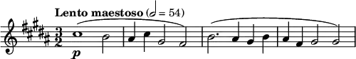  { \set Staff.midiInstrument = "french horn" \language "english" \clef treble \key b \major \time 3/2 \tempo "Lento maestoso" 2 = 54 \relative { cs''1\p( b2 as4 cs gs2 fs) b2.( as4 gs b as fs gs2 gs) } } 