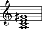 
{
\override Score.TimeSignature #'stencil = ##f
\relative c' {
   \clef treble
   \time 4/4
   \key c \major
   <a c e gis>1
} }
