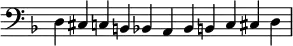 
\relative c{
   \new Staff \with {\remove "Time_signature_engraver" \clef bass }
   \time 11/4 
   \key d \minor

   d cis c b bes a bes b c cis d
}
