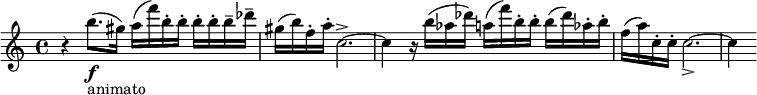 
  \relative c'' { \clef treble \time 4/4 \key c \major r4 b'8.(\f_"animato" gis16) a( f') b,-. b-. b-. b-. b-- des-- | gis,( b) f-. a-. c,2.->~ | c4 r16 b'( aes des) a( f') b,-. b-. b( des) aes-. b-. | f( a) c,-. c-. c2._>~ | c4 }
