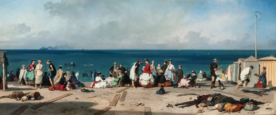 Les Bains de Mer, Plage d’Étretat (Sea Bathing, the Beach at Étretat), 1864, private collection. Figures identified in the painting include Guy de Maupassant (in blue cap at left), Charles Landelle (in red cap, center), and Bertall (reading newspaper at right). The rediscovered "lost" painting was auctioned at Sotheby's in Paris, 3 December 2020, for €226,800, a record for a work by Lepoittevin.