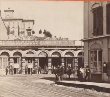 Jones Block northern building c.1880-1885. Los Angeles High School on Pound Cake Hill at back.