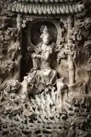 Detail of elaborate part-glazed shrine, nearly 30 cm tall, 1280-1330