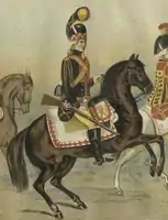 Belgian revolutionary cavalry wearing a leather helmet with colourful plume, 1789