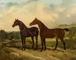 Two thoroughbreds in a wide landscape (1828) by Charles Hancock.