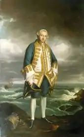 An oil painting of a man in 18th-century attire against a background of the sea