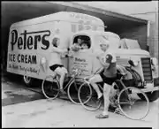 Advertisement for Peters Ice Cream from 1939 featuring Valda Unthank and Hubert Opperman.