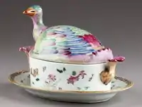 Porcelain tureen and tray with lid shaped like a mandarin duck, decorated in overglaze enamels and gilding, Qing dynasty, c.1750-60.