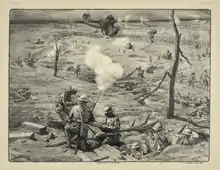 Black and white artist's portrayal of the bombed-out landscape depicting the Battle of St. Mihiel