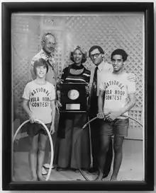 Ed Headrick promoting the Hula Hoop for Wham-O with celebrity Dinah Shore, two competitors and show host.