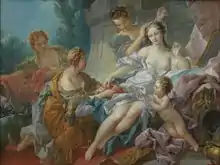 peinture figurant Vénus au cours de sa préparation, aidée par quatre personnages
