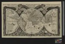 A world map depicting a hemisphere centered on the Uraniborg meridian sided by two half-hemispheres. A two-headed crowned eagle spreads its wings over the background.