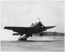 A Grumman TBF torpedo bomber taking off with the aid of 330 horsepower (250 kW) jet-assisted unit in about half the normal run.