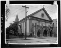 Exterior showing gothic porch installed by Bishop Boeynaems