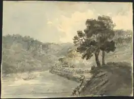 A watercolour painting that includes a body of water with a boat on it, barracks, and trees.