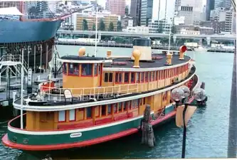 Kanangra as an exhibition vessel in Darling Harbour from late 1980s, with restored 1930s livery.