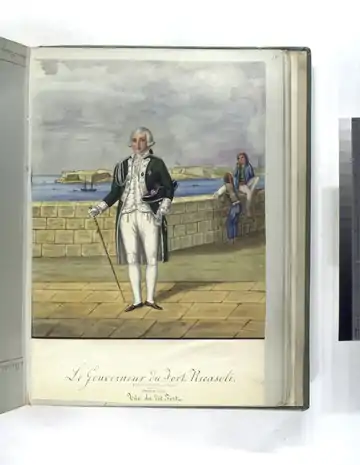18th-century painting of the Hospitaller Governor of Fort Ricasoli, with the fort itself in the background