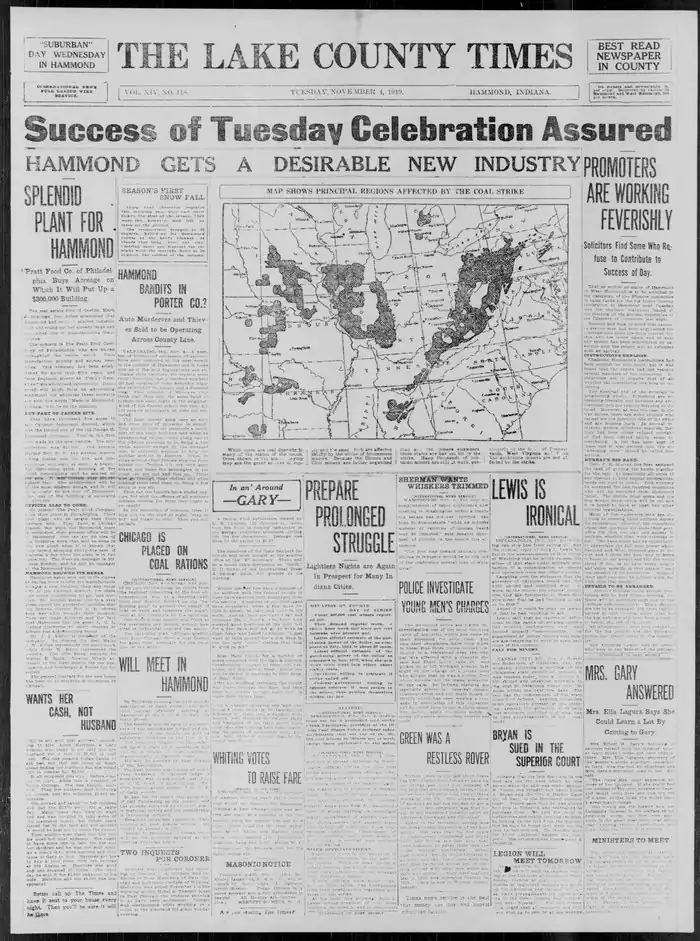 alt=Caption Reads:
While there are coal deposits in many of the states of the union those shown in the accompanying map are the greats sources of supply and the ones which are affected chiefly by the strike of bituminous miners. Because the Illinois and Ohio miners are better organized than are the miners elsewhere, those states are hardest hit by the strike. Many thousands of non-union miners are still at work, particularly in the fields of Pennsylvania, West Virginia and Utah. The anthracite miners are not affected by the strike

-The Lake County Times, November 4, 1919