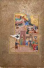 Un folio de Procesión funeral, Folio 35r de un Mantiq al-tair (Lenguaje de los pájaros), Calígrafo: Sultan 'Ali al-Mashhadi, Autor: Farid al-Din 'Attar, 1487, acuarela, tinta, oro y plata hoja sobre papel