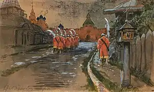 Strelets Patrol en Ilyinsky Gates en el Viejo Moscú. 1897