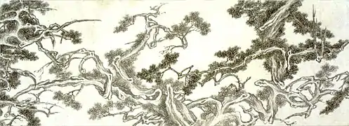Wen Zhengming, 1532. Los siete enebros (detalle). Tinta y colores claros sobre papel. Museo de Arte de Honolulu