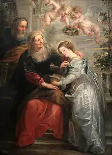 Rubens, ca. 1630. El mismo autor tiene una curiosa obra semejante, pero no religiosa: La educación de María de Médicis, donde el papel de Santa Ana lo hace la diosa Minerva.