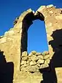 Vista interior de las ruinas de la ermita de Santa Bárbara en Ademuz (Valencia), con detalle de la espadaña. Siglo XVII.