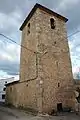 Detalle de la torre-campanario de la iglesia parroquial de Ntra. Sra. de la Asunción en Alcalá de la Vega (Cuenca