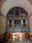 Interior de la ermita de san Roque, Torrebaja (Valencia), con detalle del retablo de pincel, tras su restauración, año 2006.