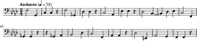 
  \relative c { \clef bass \time 3/4 \key f \minor \tempo "Andante" 4 = 72 f2 g,4 | c c r | f2 ges,4 | des' des r | c2 aes4 | ees' ees r | des2 bes4~ | bes des ees | c2 f,4 | ges ges r | r ges aes | bes2 des4 | c2 f,4 | aes aes r | des2 e,4 | aes2 g4 | f f r }
