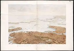 Vista a vuelo de pájaro de Boston, 1866. Dibujo de Nutting; publicó B.B. Russell & Co.