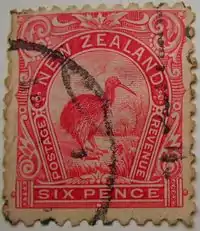 Un kiwi en un sello neozelandés de 1898.