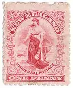 Zealandia representada en un sello postal de 1901.