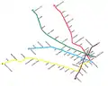 La red alrededor de 1987, ya con los colores impuestos por Subterráneos de Buenos Aires y las extensiones de las líneas D y E.