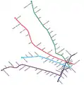 La red entre 2003 y 2007, con el nuevo esquema de colores impuesto por Metrovías y las extensiones de la Línea B y D.