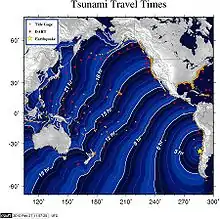Tiempos de llegada del tsunami por el Pacífico.