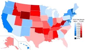Mapa del Colegio Electoral, que muestra a Trump ganando muchos estados del Sur y las Montañas Rocosas y a Biden ganando muchos estados del Noreste, el Medio Oeste y el Oeste del Pacífico.