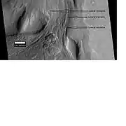 Material que fluye a través del borde de un cráter, visto por HiRISE, bajo el programa HiWish. Las morrenas laterales están etiquetadas.