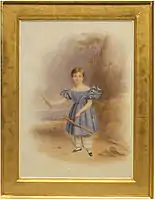 Acuarela inglesa, 1836. Niño con vestido corto que deja a la vista los pololos como ropa interior.