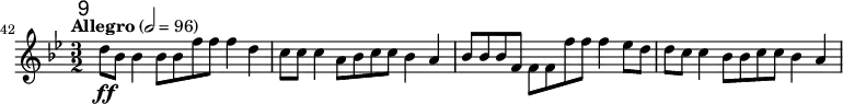 
\relative c'' \new Staff {
  \key bes \major \clef "treble"
  \set Staff.midiInstrument = "oboe"
  \tempo "Allegro" 2 = 96
  \set Score.currentBarNumber = #42 \bar ""
  \override Score.RehearsalMark #'self-alignment-X = #1
  \mark \markup \sans 9

  \time 3/2 d8\ff bes bes4 bes8 bes f' f f4 d | c8 c c4 a8 bes c c bes4 a |
  bes8 bes bes f f f f' f f4 es8 d | d c c4 bes8 bes c c bes4 a |
}
