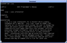 Captura de pantalla del manual de Emulación Lisp en Blanco y negro 4.3 de BSD UWisc VAX