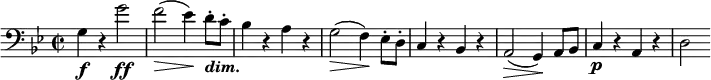 
    \relative c' {
        \set Score.tempoHideNote = ##t \tempo 2 = 72
        \set Staff.midiInstrument = #"cello"
        \set Score.currentBarNumber = #17
        \key g \minor
        \time 2/2
        \clef bass
      
        g4\f r g'2\ff
        f(\> es4)\! d8-._\markup { \bold \italic "dim." } c-.
        bes4 r a r
        g2(\> f4)\! es8-. d-.
        c4 r bes r
        a2(\> g4)\! a8 bes
        c4\p r a r
        d2
    }
