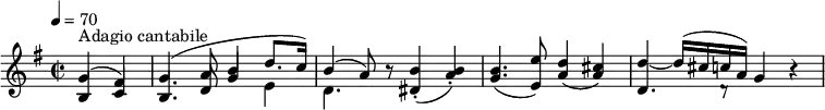 
\version "2.18.2"
\new Staff \with {midiInstrument = #"violin"} {
  \relative c'{
  \key g \major
  \time 2/2
  \tempo 4 = 70
  \tempo "Adagio cantabile"
  \partial 2 <<{b4 c b4. d8 g4 \stemDown e d4. } \\ { \stemUp g4 ^ \markup {Adagio cantabile} ^ (fis) g4. ^ (a8 b4 d8. c16) b4   ^(a8) }>> r8
  <<dis,4 (b'-.>> <<a b-.)>> <<g4. (b>> <<e,8 e')>>  \stemUp <<a,4 (d>> <<a4 cis)>>
   <<{d,4. d8\rest } \\ { \stemUp  d'4 ~ d16 ^(cis c a)}>> g4 r
  }
}
  \midi {
    \context {
      \Score
    }
  }
