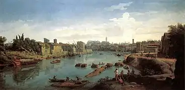 El Tíber y el puerto de Ripa Grande, Roma, 1711.