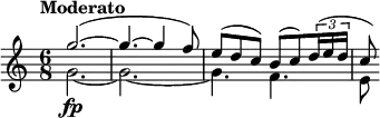  \relative c''' { \clef treble \time 6/8 \tempo "Moderato" << { g2.~( | g4.~ g4 f8) | e( d c) b( c) \times 2/3 { d16( e d } | c8) } \\ { g2.~\fp | g~ | g4. f( | e8 } >> }  