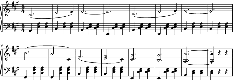 
 \relative g'' {
  \new PianoStaff <<
   \new Staff { \key fis \minor \time 3/4
    \tempo \markup {
     \column {
   }
    }
    cis,,2.( e2 fis4) fis2.~ fis d2.( fis2 gis4) gis2.~ gis b( a2 cis,4) e2.( <d fis>2 cis4) <cis gis'>2. <b gis'> <a a'>~ <a a'>4 r r
   }
   \new Staff { \key fis \minor \time 3/4 \clef bass
   a, <e' a> <e a> cis <e a> <e a> b <d e gis> <d e gis> e, <d' e gis> <d e gis> b <d e gis> <d e gis> e, <d' e gis> <d e gis> cis <e a> <e a> cis <e a> <e a> fis, <a' fis cis> <a fis cis> fis, <a' fis cis> <a fis cis> b, <a' fis d> <a fis d> b, <a' fis d> <a fis d>e, <d' e gis> <d e gis> e, <d' e gis> <d e gis> a <cis e> <cis e> <cis e> r r
   }
  >>
 }
