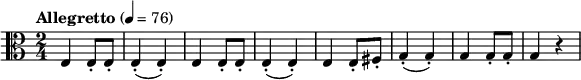 
\new Score {
  \new Staff {
    \relative c {
      \set Staff.midiInstrument = #"cello"
      \time 2/4
      \key a \minor
      \clef alto
      \tempo "Allegretto" 4 = 76
      e4 e8-. e-.
      e4-.(e-.)
      e e8-. e-.
      e4-.(e-.)
      e4 e8-. fis-.
      g4-.(g-.)
      g4 g8-. g-.  
      g4 r4      
    }
  }
}
