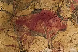 Uno de los bisontes de la Gran Sala, o Sala de los polícromos, de la cueva de Altamira. Estas pinturas se han datado en unos 14 000 años y fueron pintadas sobre otras pinturas y grabados que abarcan hasta los 38 000 años.
